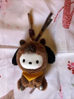 Cute Brown Plush Sanrio Pochacco Keychain with Yellow Bandana